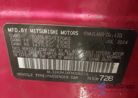 2015 Mitsubishi Mirage De z USA, uszkodzony, nr VIN ML32A3HJXFH008270